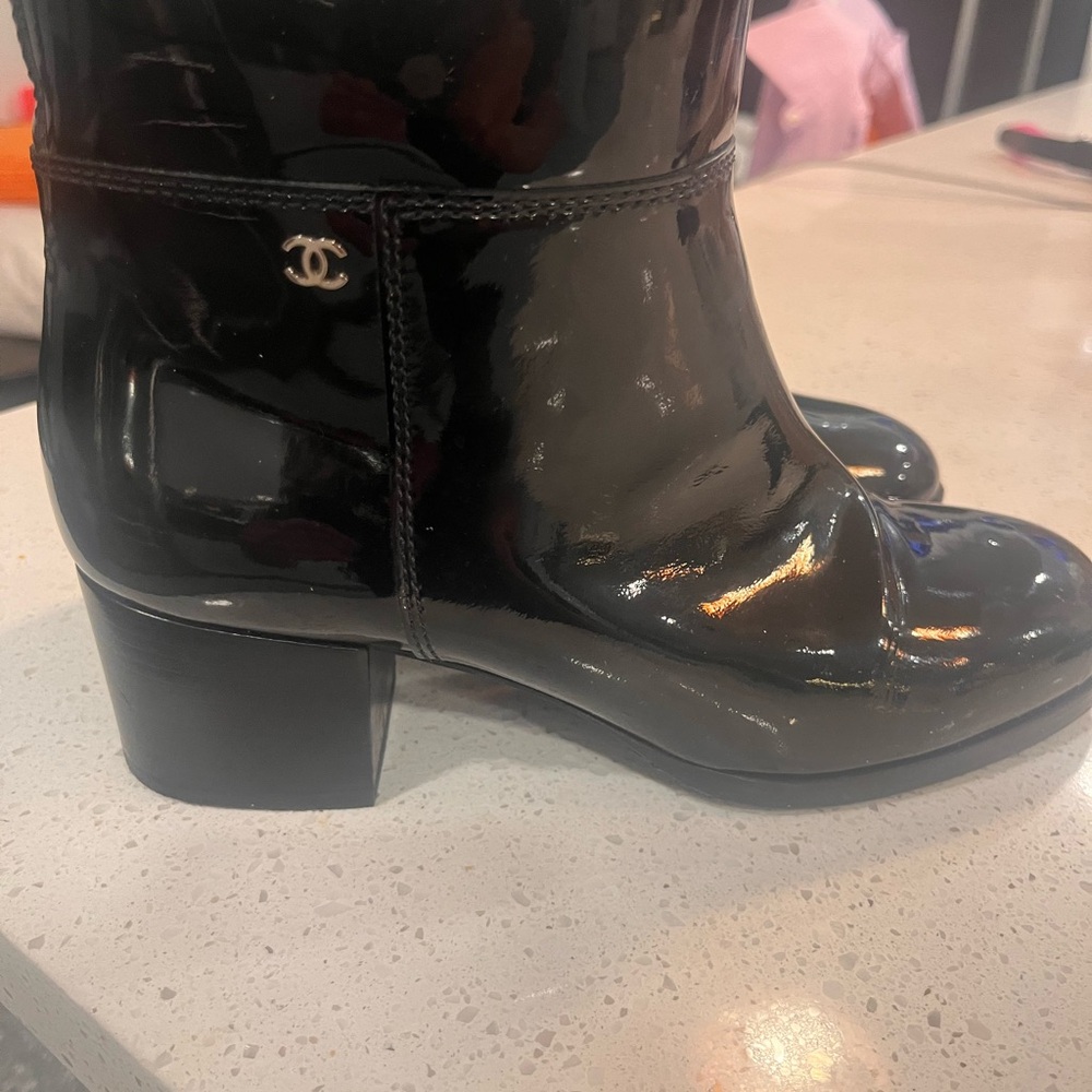 Authentic CHANEL Glossy Black Ankle Booties Worn once! Too small for me.